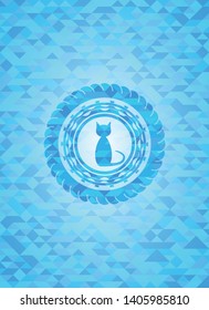 cat icon inside light blue emblem with triangle mosaic background