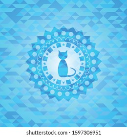 cat icon inside light blue emblem with mosaic ecological style background