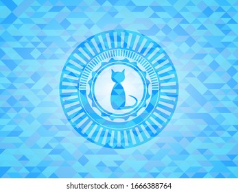 cat icon inside light blue emblem with mosaic ecological style background