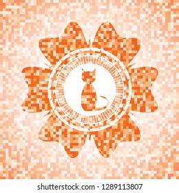 cat icon inside orange tile background illustration. Square geometric mosaic seamless pattern with emblem inside.