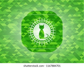 cat icon inside realistic green mosaic emblem