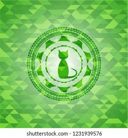 cat icon inside realistic green mosaic emblem