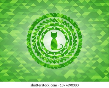 cat icon inside realistic green emblem. Mosaic background
