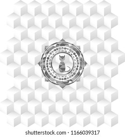 cat icon inside realistic grey emblem with cube white background