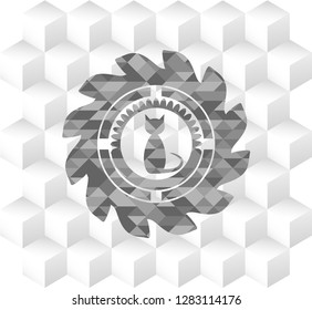 cat icon inside realistic grey emblem with cube white background