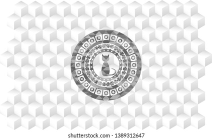 cat icon inside realistic grey emblem with geometric cube white background