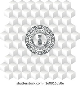 cat icon inside realistic grey emblem with geometric cube white background