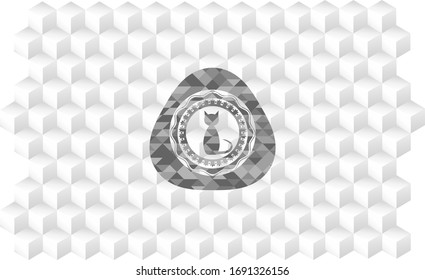 icono del gato dentro de un emblema gris realista con fondo blanco de cubo geométrico