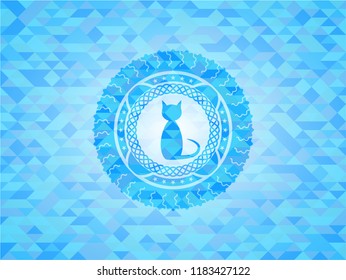 cat icon inside realistic sky blue mosaic emblem