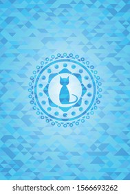 cat icon inside realistic sky blue mosaic emblem