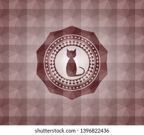 cat icon inside red badge with geometric pattern background. Seamless.