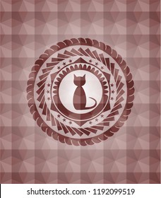 cat icon inside red emblem with geometric pattern. Seamless.