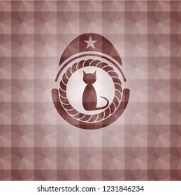 cat icon inside red emblem or badge with abstract geometric polygonal pattern background. Seamless.