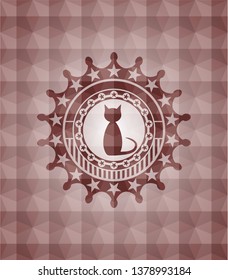 cat icon inside red emblem or badge with geometric pattern background. Seamless.