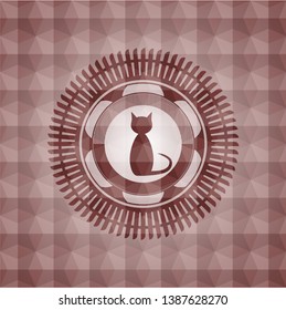 cat icon inside red emblem with geometric pattern. Seamless.