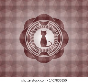 cat icon inside red emblem with geometric background. Seamless.