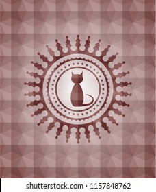 cat icon inside red seamless emblem or badge with abstract geometric pattern background.