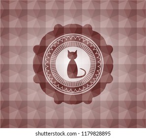 cat icon inside red seamless emblem or badge with abstract geometric polygonal pattern background.