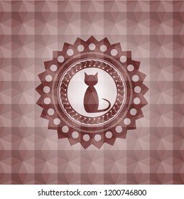 cat icon inside red seamless geometric pattern emblem. Seamless.