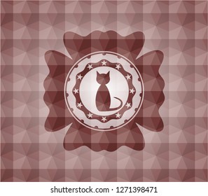 cat icon inside red seamless geometric pattern emblem. Seamless.