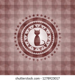 cat icon inside red seamless geometric pattern emblem. Seamless.