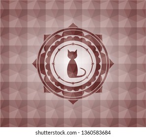 cat icon inside red seamless emblem or badge with abstract geometric pattern background.