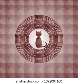 cat icon inside red seamless emblem or badge with abstract geometric pattern background.