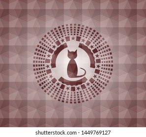 cat icon inside red seamless badge with geometric pattern background.