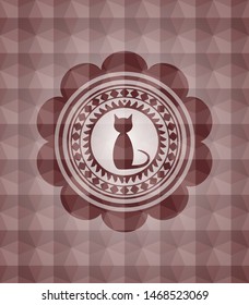 cat icon inside red seamless emblem with geometric background.