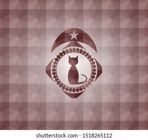 cat icon inside red seamless emblem or badge with abstract geometric polygonal pattern background.