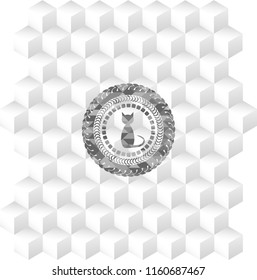 cat icon inside retro style grey emblem with geometric cube white background