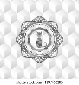 cat icon inside retro style grey emblem with geometric cube white background