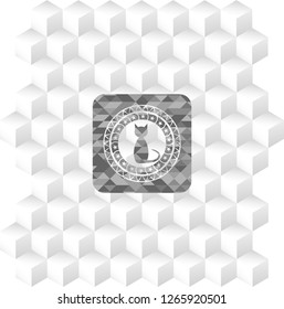 cat icon inside retro style grey emblem with geometric cube white background