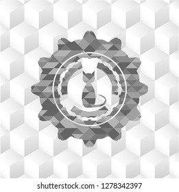 cat icon inside retro style grey emblem with geometric cube white background