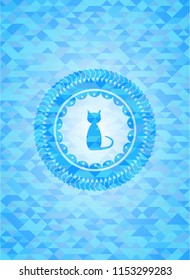 cat icon inside sky blue mosaic emblem