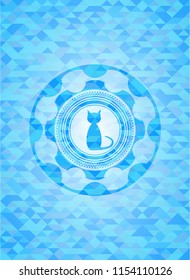 cat icon inside sky blue emblem. Mosaic background
