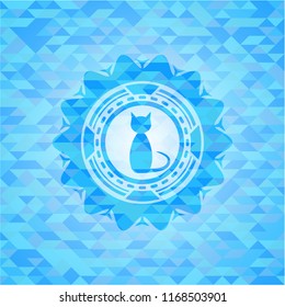 cat icon inside sky blue emblem with mosaic background
