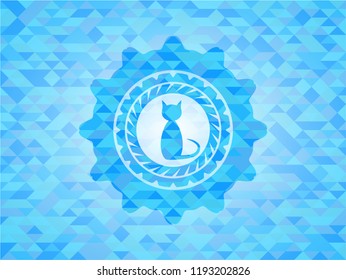 cat icon inside sky blue emblem with mosaic background