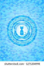 cat icon inside sky blue emblem with mosaic ecological style background