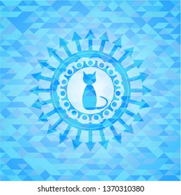 cat icon inside sky blue emblem with triangle mosaic background