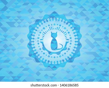 cat icon inside sky blue mosaic emblem