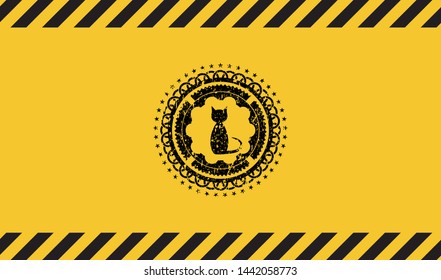 cat icon inside warning sign, black grunge emblem. Vector Illustration. Detailed.