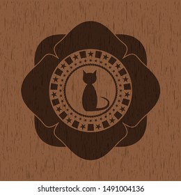 cat icon inside wooden emblem. Retro