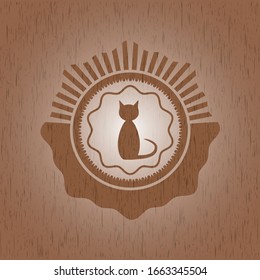 cat icon inside wooden emblem. Retro