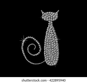 Cat icon made of diamonds on black background. Vector art.