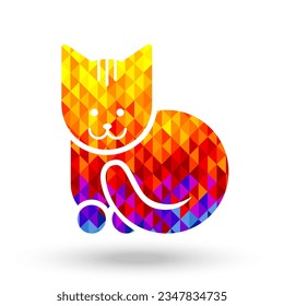Cat icon makes of bright multicolored low poly triangles over white backgound, pet shop contemporary design, vector illustration