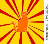 Cat icon on a background of red flash explosion radial lines. The large orange symbol is located in the center of the sun, symbolizing the sunrise. Vector illustration on yellow background