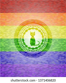 cat icon on mosaic background with the colors of the LGBT flag