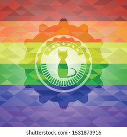 cat icon on mosaic background with the colors of the LGBT flag