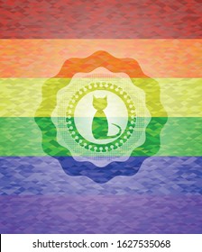 cat icon on mosaic background with the colors of the LGBT flag